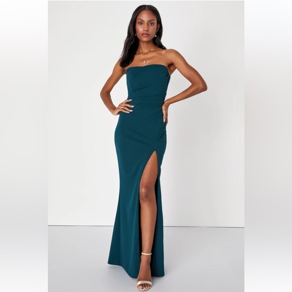 Lulus Marvelous Entrance Emerald Green Pleated Strapless Maxi Dress Size Small - Picture 4 of 12